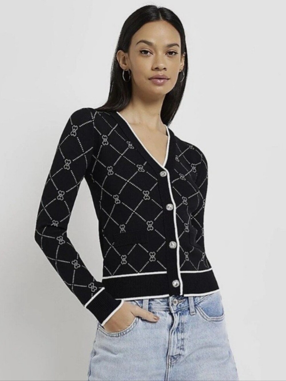 River Island-Luxe Cardigan US Size 14 Bejeweled Buttons & Tiny Rhinestones